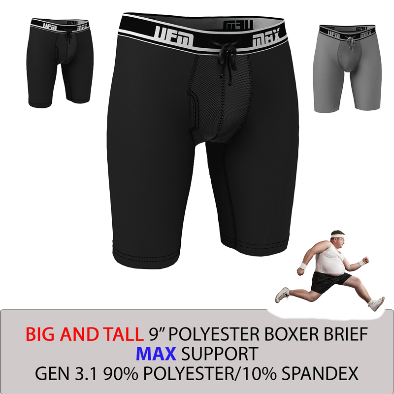 9 inch Polyester-Spandex Big & Tall Long Boxer Briefs MAX Support Underwear  for Men
