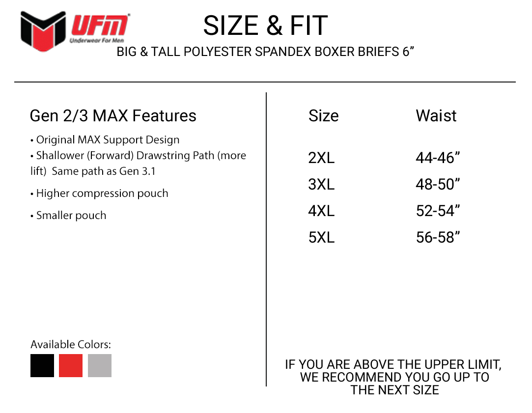 Parent UFM Underwear for Men Big and Tall Polyester 6 inch Original Max Boxer Brief Size chart