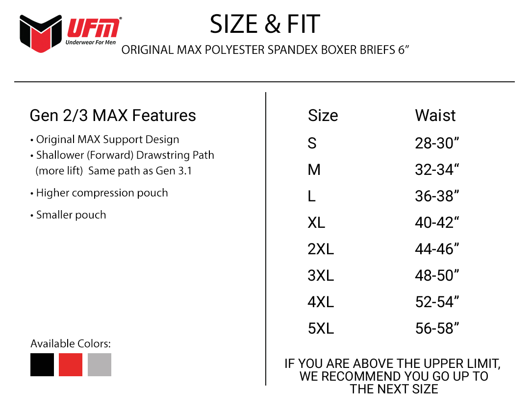 Parent UFM Underwear for Men Sport Polyester 6 inch Original Max Boxer Brief Size chart