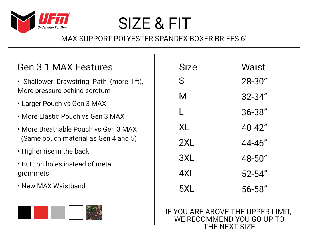 Parent UFM Underwear for Men Work Polyester 6 inch Max Boxer Brief Size chart