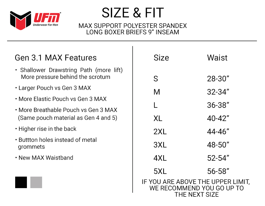 Parent UFM Underwear for Men Sport Polyester 9 inch MAX Long Boxer Brief Size chart
