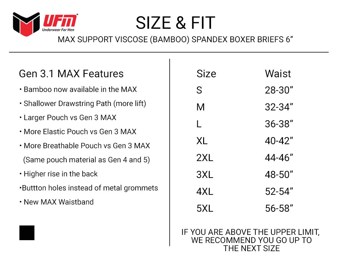 Parent UFM Underwear for Men Sport Bamboo 6 inch Max Boxer Brief Size chart