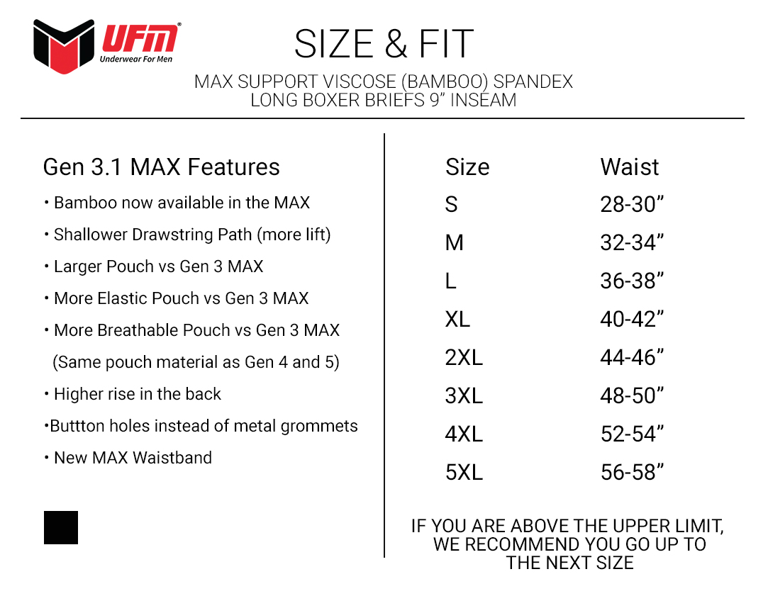 
Parent UFM Underwear for Men Sport Bamboo 9 inch MAX Boxer Brief Size chart