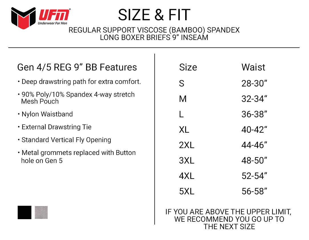 Parent UFM Underwear for Men Sport Bamboo 9 inch Boxer Brief Size chart