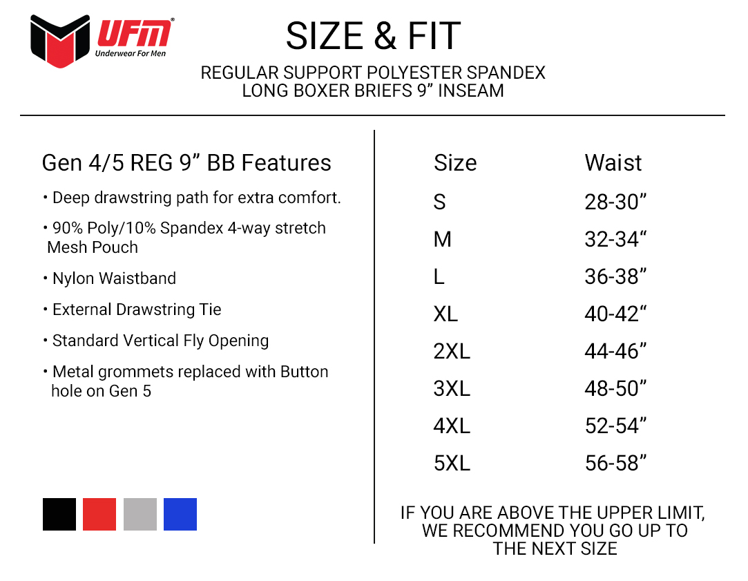 Parent UFM Underwear for Men Sport Polyester 9 inch Regular Boxer Brief Size chart
