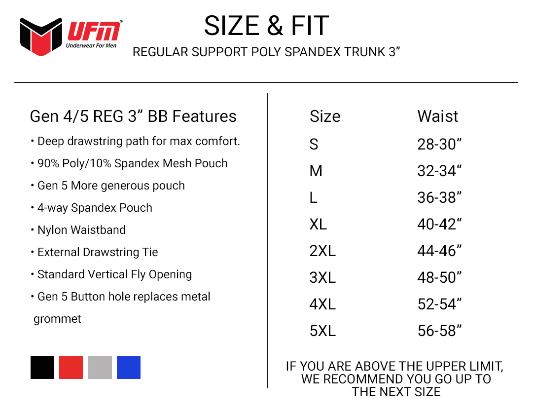 Parent UFM Underwear for Men Everyday Polyester 3 inch Trunk Size chart